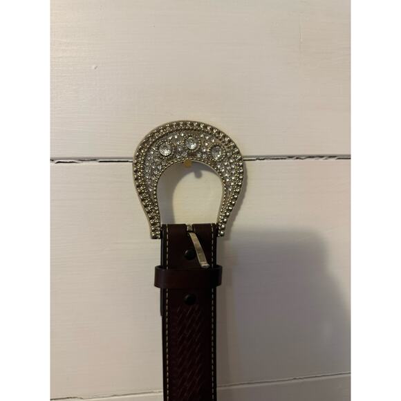 Western Fuzzy Bling Belt Women XL Brown Leather Braided Plaited Rhinestones - Picture 3 of 7